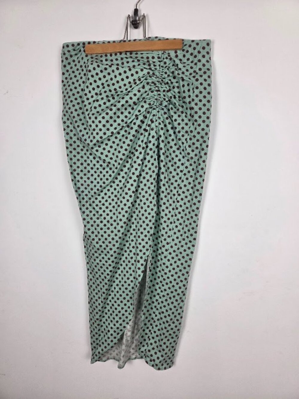 Zara Linen Blend Polka Dot Ruched Front Slit Midi Skirt Mint Green Brown, S- M